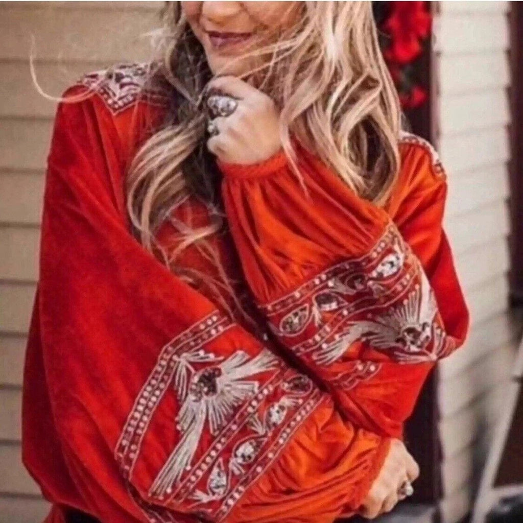 New Free People Hearts Aflame Orange Balloon Long-Sleeve Sequin Top $128 S Red