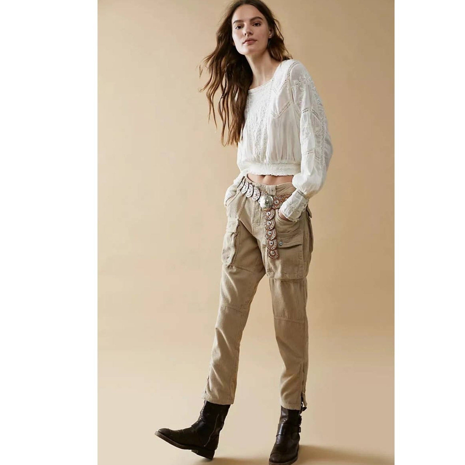 New Free People WTF London Calling Slouchy Cord Pants $198 SIZE 30 Tapioca