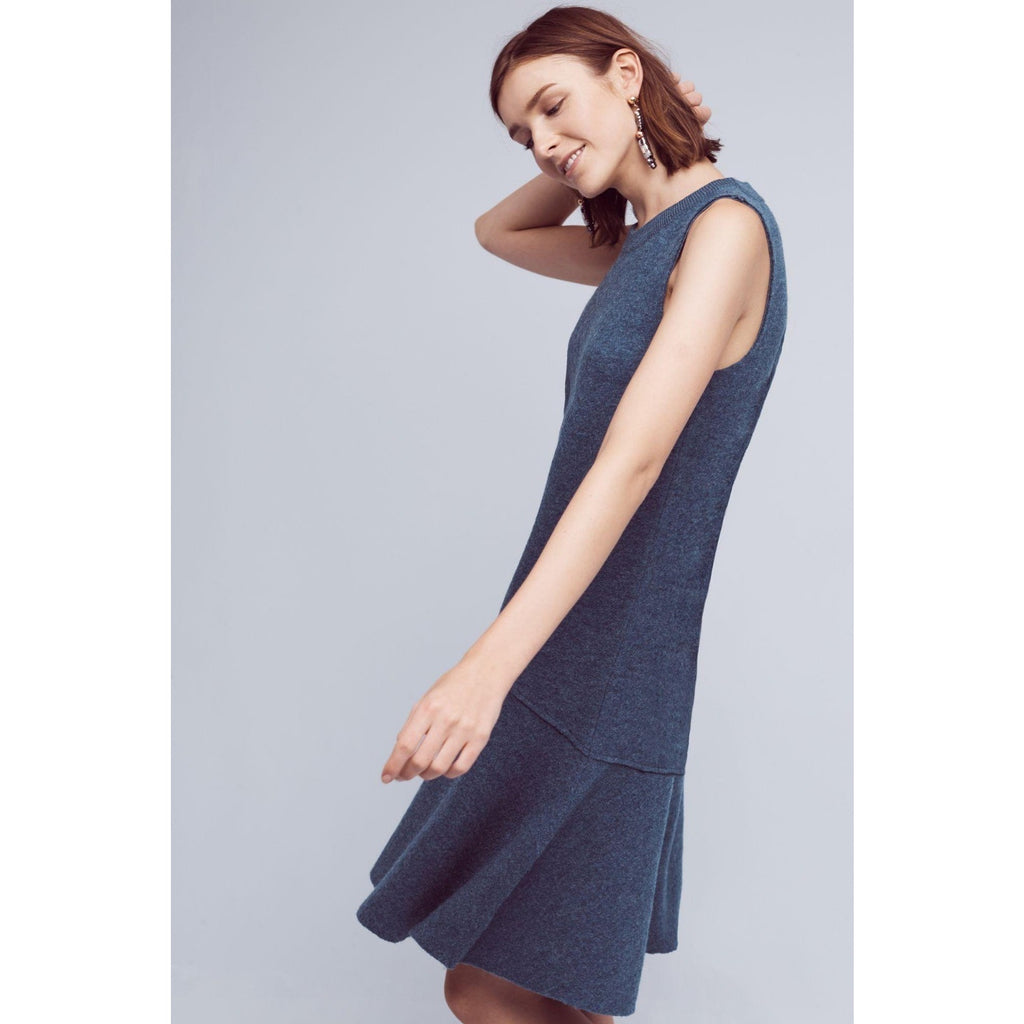 NEW Anthropologie Knitted & Knotted Odette Wool Drop Waist Mini Dress Blue Small