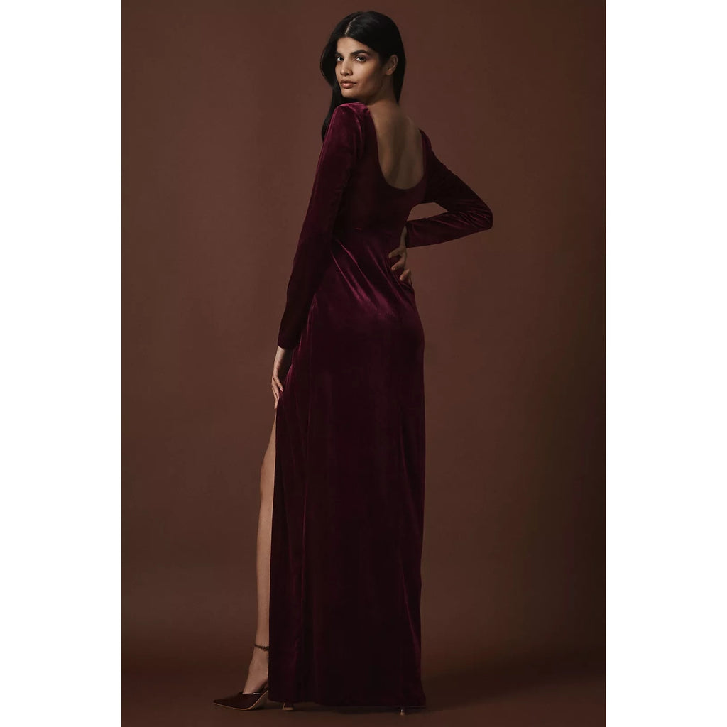 New BHLDN Bella Long-Sleeve Scoop-Neck Side-Slit Stretch Velvet Maxi Dress $248
