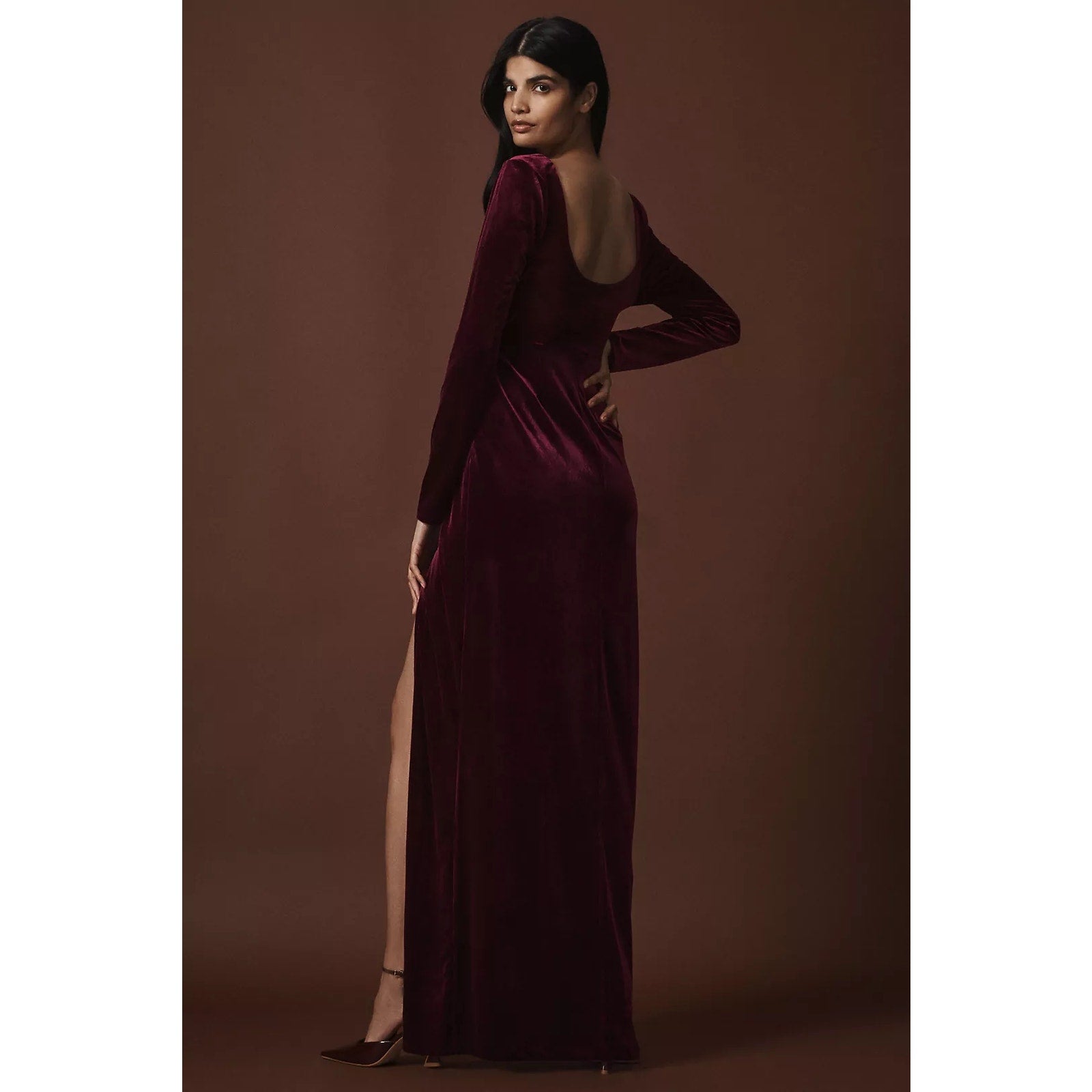 New BHLDN Bella Long-Sleeve Scoop-Neck Side-Slit Stretch Velvet Maxi Dress $248