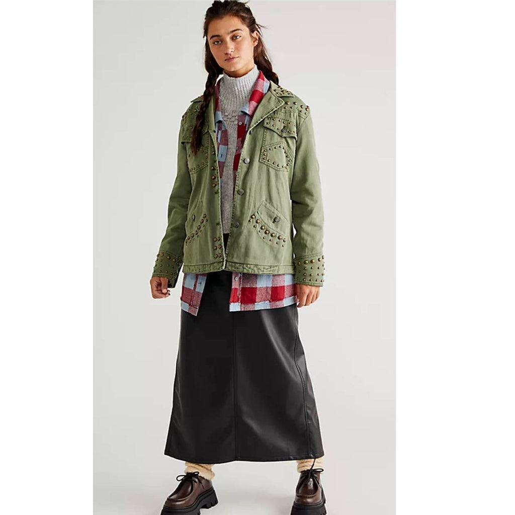 New Free People WTF Rock and Stud Shirt Jacket $348 Army Green XS 0/2
