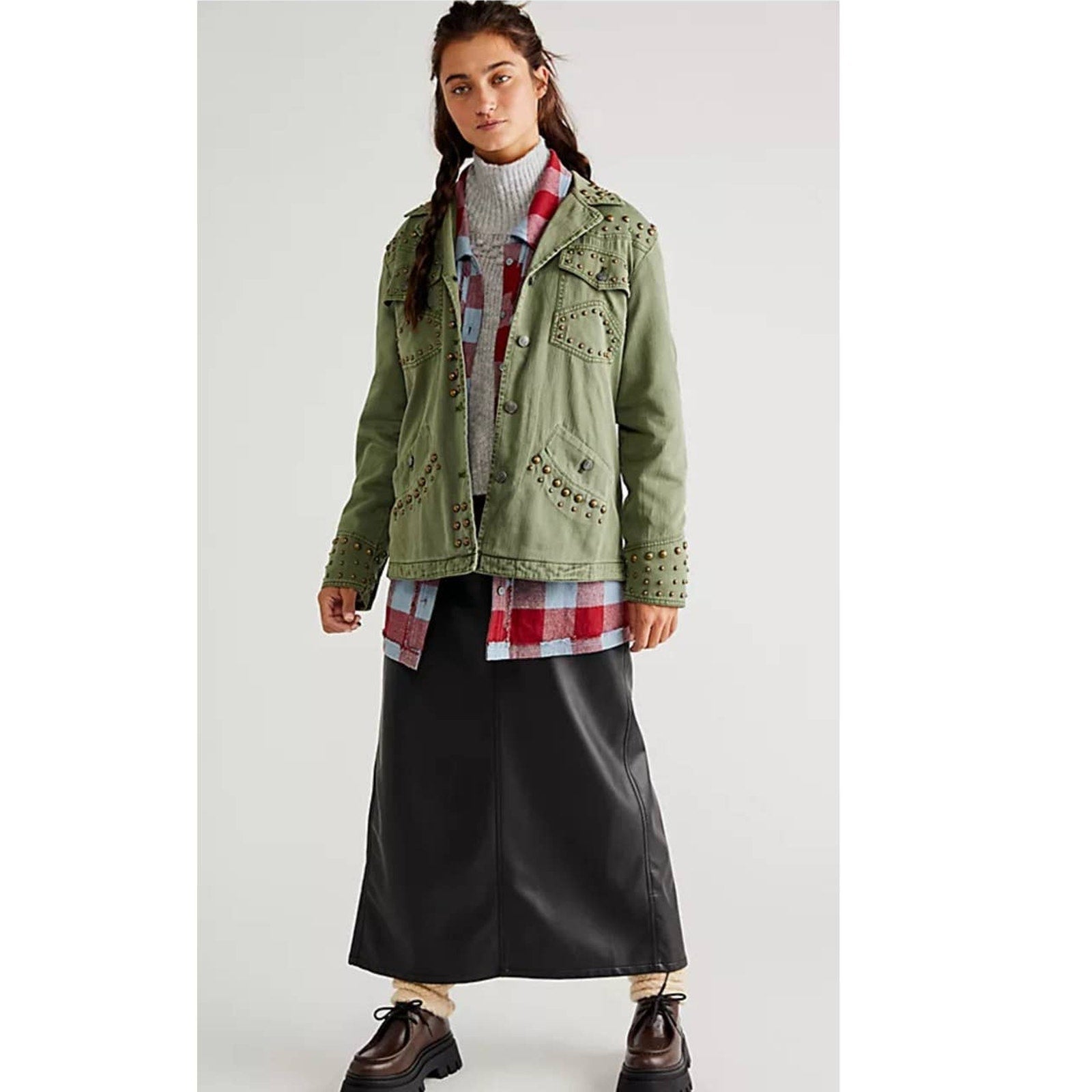New Free People WTF Rock and Stud Shirt Jacket $348 Army Green XS 0/2