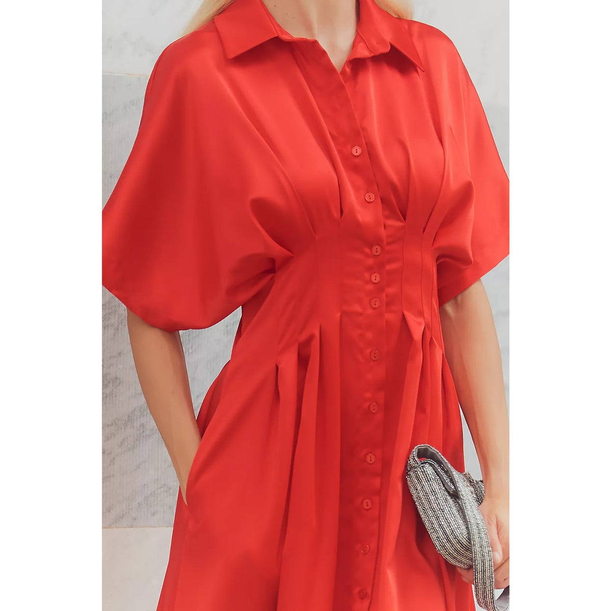 Anthropologie The Tobie Satin Shirt Dress by Exquise SMALL Red Anthropologie