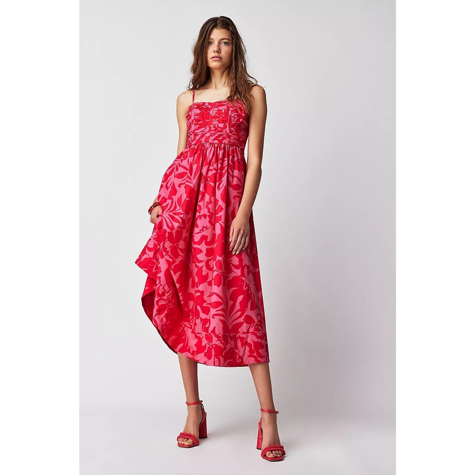 New Free People Shona Joy Antonia Ruched Midi Dress $365 SIZE 4 Pink/Red Floral
