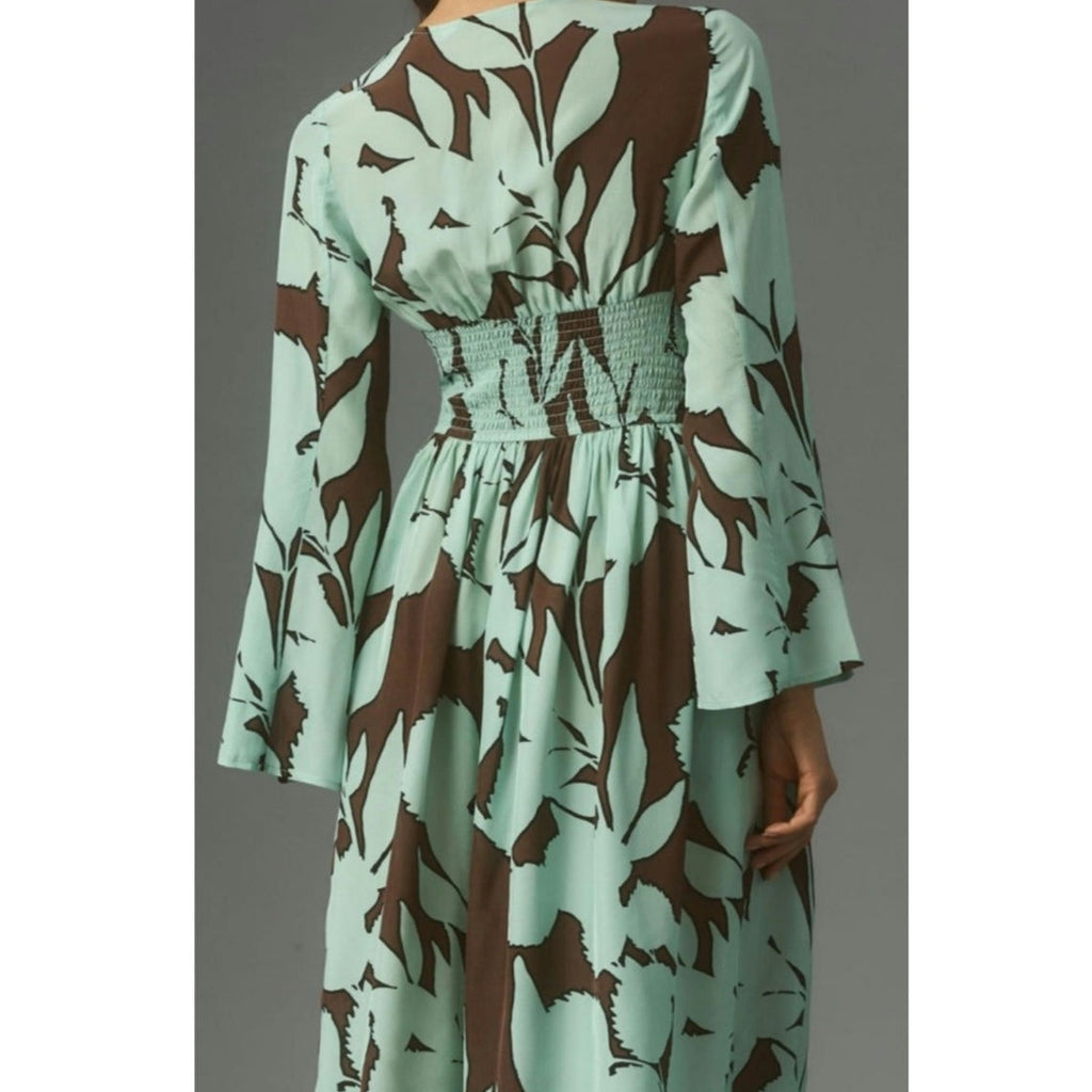 New Anthropologie DHRUV KAPOOR Long Sleeve V-Neck Maxi Dress $248 MEDIUM Brown