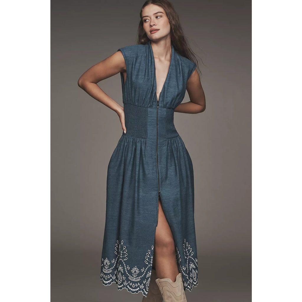 Anthropologie The Tommie Denim Eyelet Trim Midi Dress SMALL BLUE Anthropologie