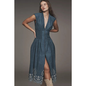Anthropologie The Tommie Denim Eyelet Trim Midi Dress SMALL BLUE