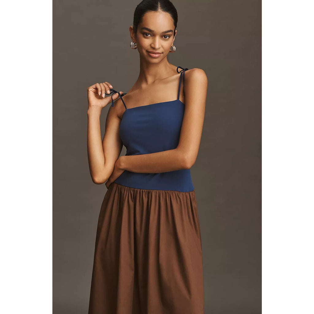 Anthropologie Square-Neck Twofer Midi Dress X-SMALL Navy/Brown Anthropologie