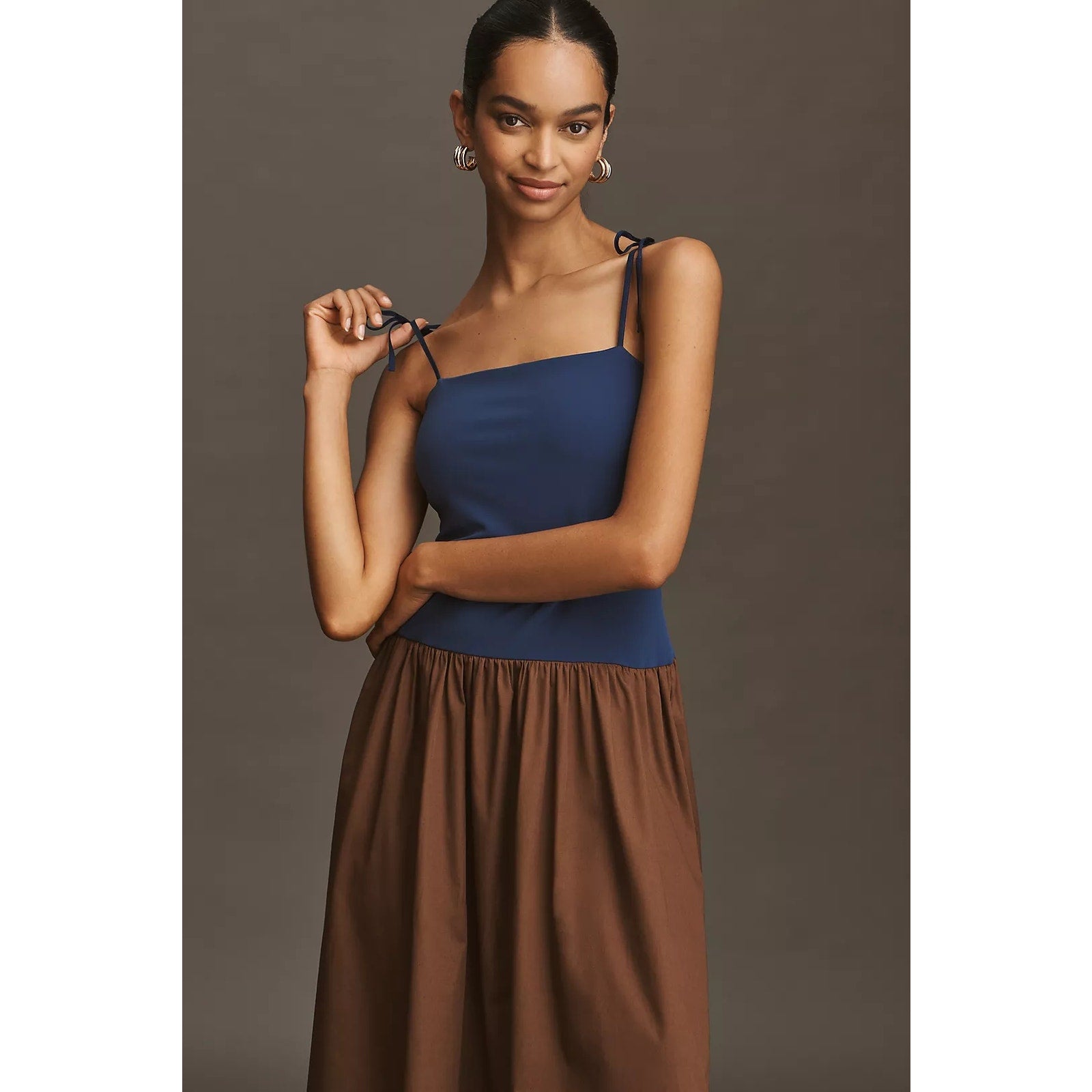 Anthropologie Square-Neck Twofer Midi Dress X-SMALL Navy/Brown Anthropologie
