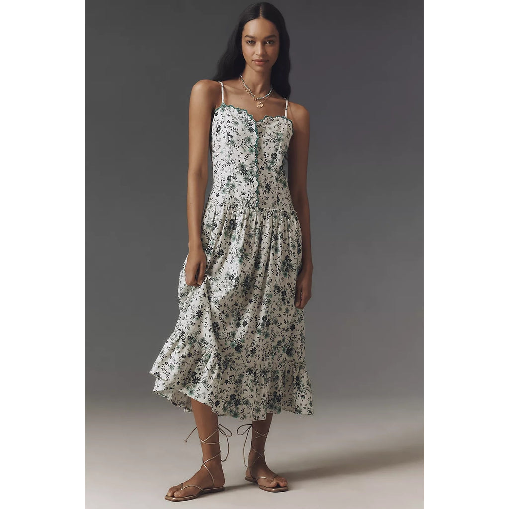 Anthropologie Sleeveless Drop-Waist Midi Dress PLUS 1X Green Floral Anthropologie