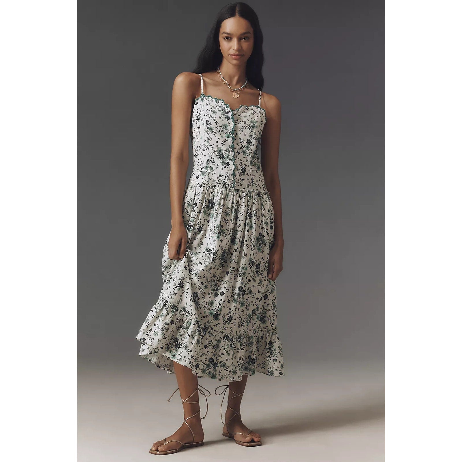 Anthropologie Sleeveless Drop-Waist Midi Dress PLUS 1X Green Floral Anthropologie
