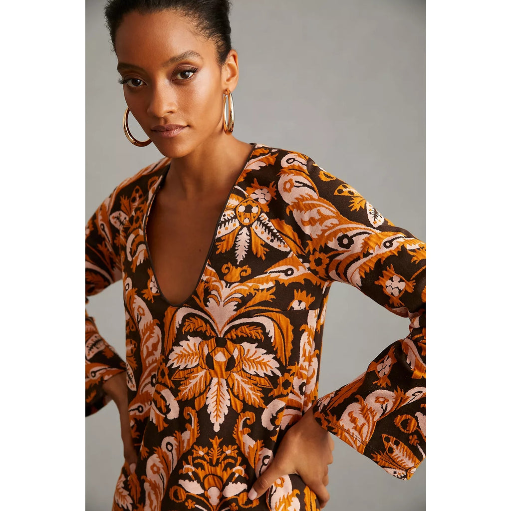 Anthropologie Maeve Bell-Sleeve Mini Dress $160 SMALL Brown