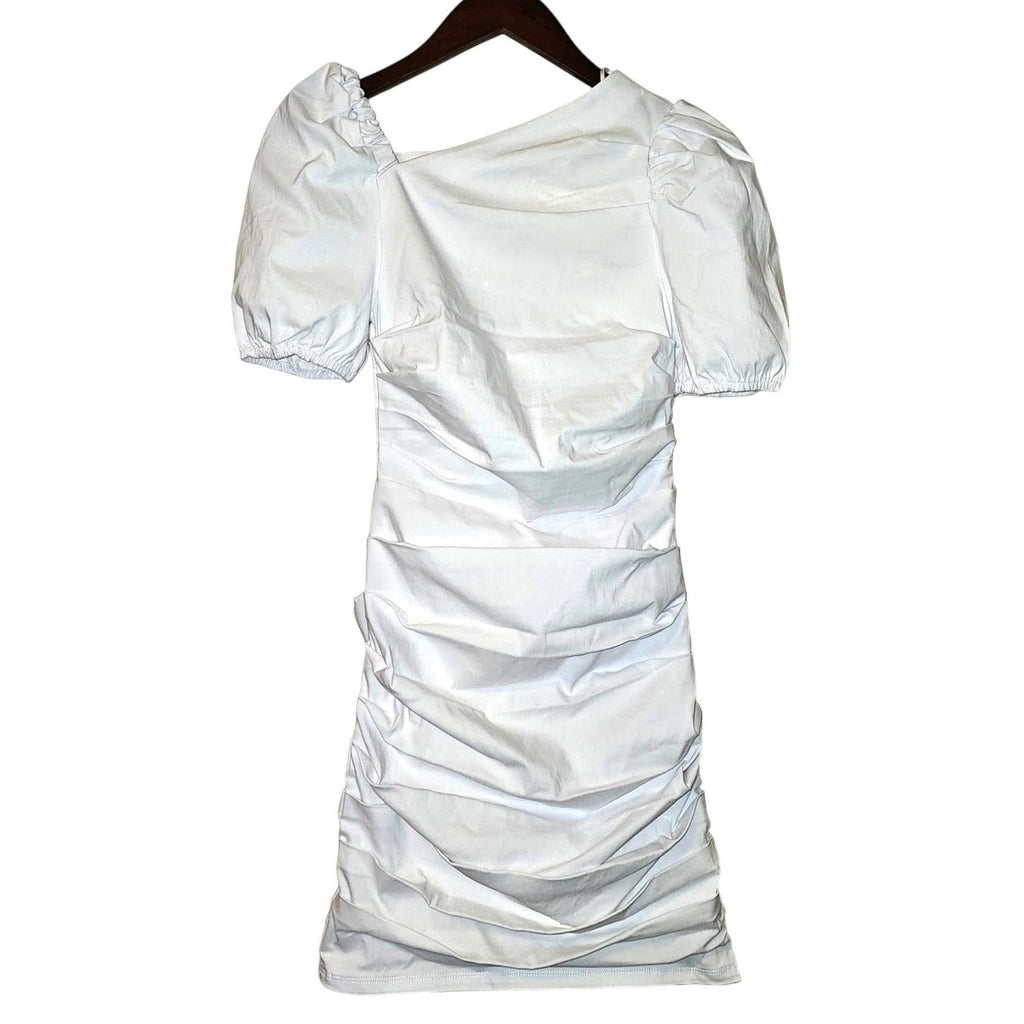 New Anthropologie Maeve Slim Puff-Sleeve Ruched Mini Dress $148  XXS 00 White