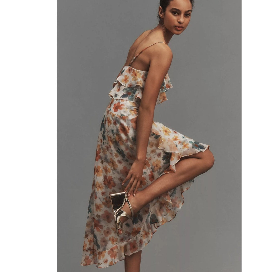 New By Anthropologie Sleeveless Asymmetric Ruffled Midi Dress $168 XS Floral