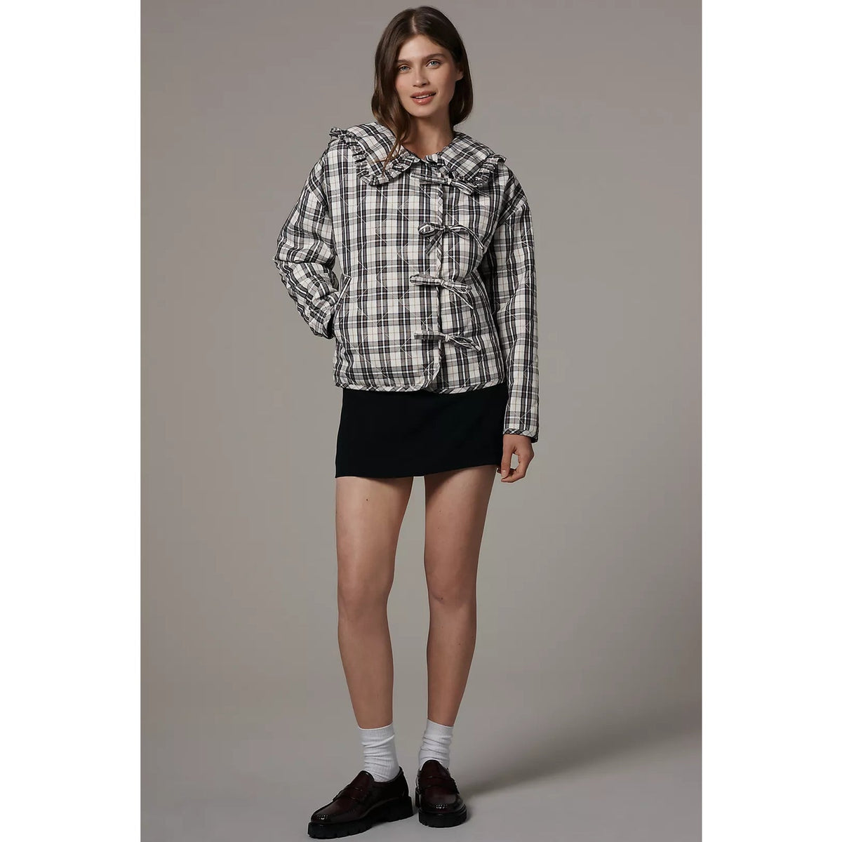 Maeve plaid jacket with ruffled collar and tie closures, shown from the front