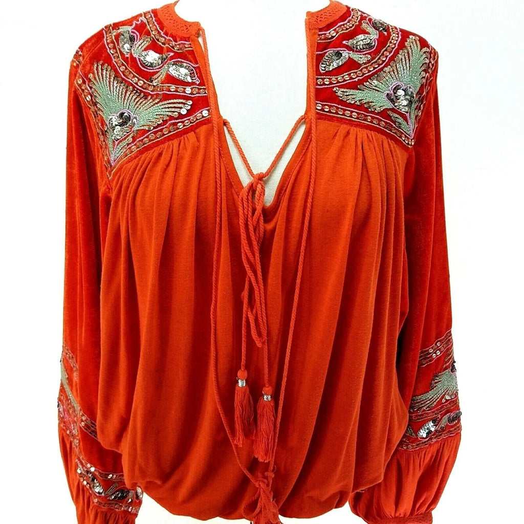 New Free People Hearts Aflame Orange Balloon Long-Sleeve Sequin Top $128 S Red