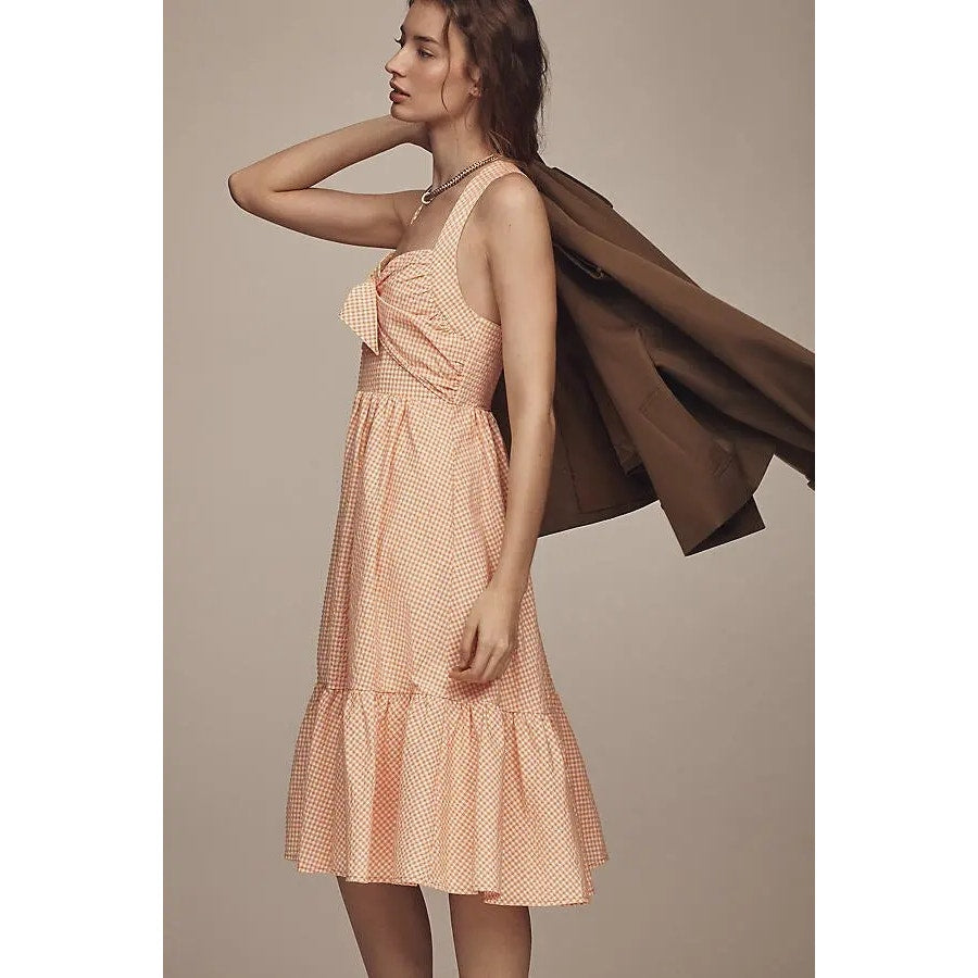 ANTHROPOLOGIE Maeve Halter Bow-Front Midi Dress SMALL Yellow Gingham Anthropologie