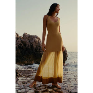 Anthropologie Sheer Panel Maxi Sweater Dress SLEEVELESS LARGE Gold