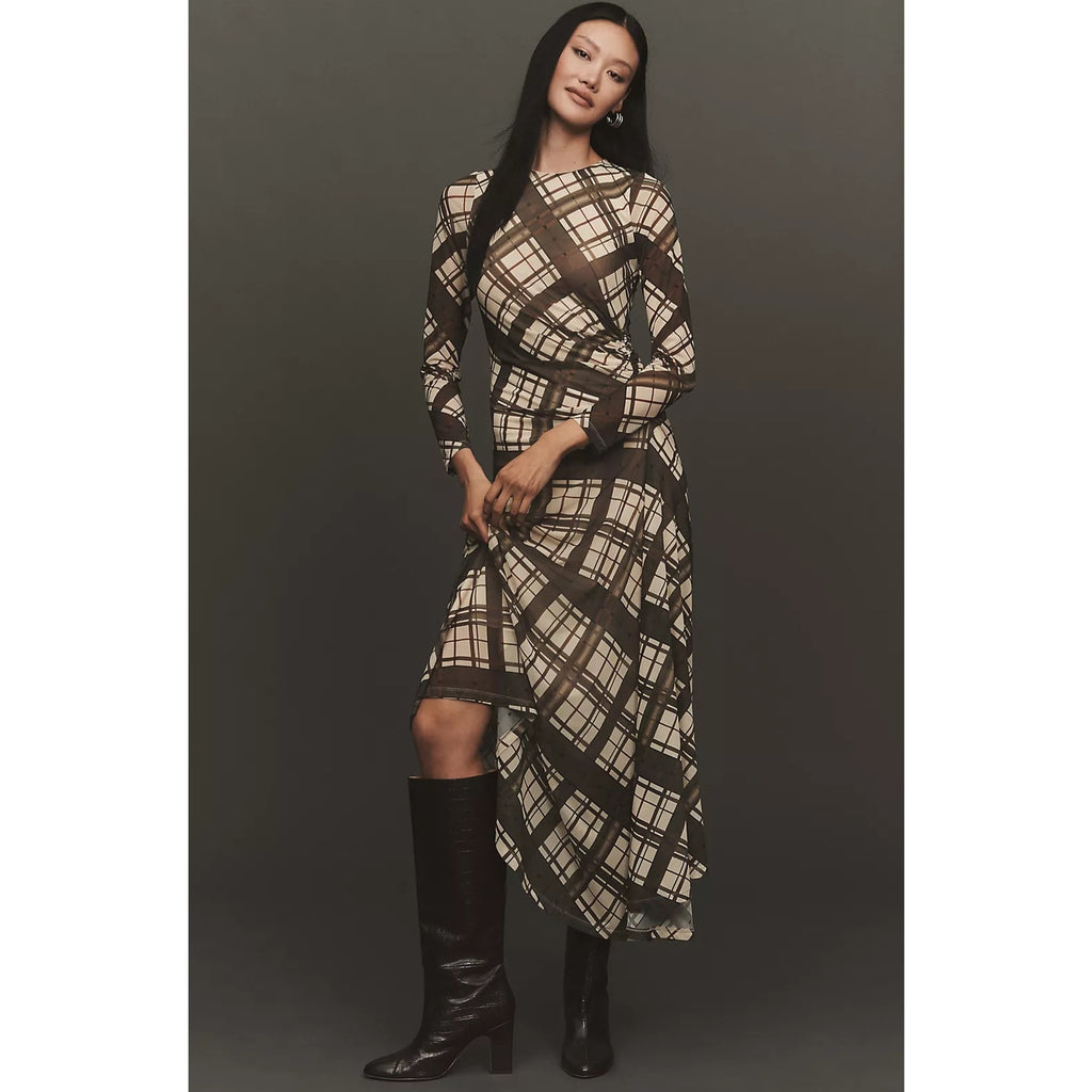 By Anthropologie Long-Sleeve Ruched Mesh Midi Dress X-LARGE Brown Anthropologie
