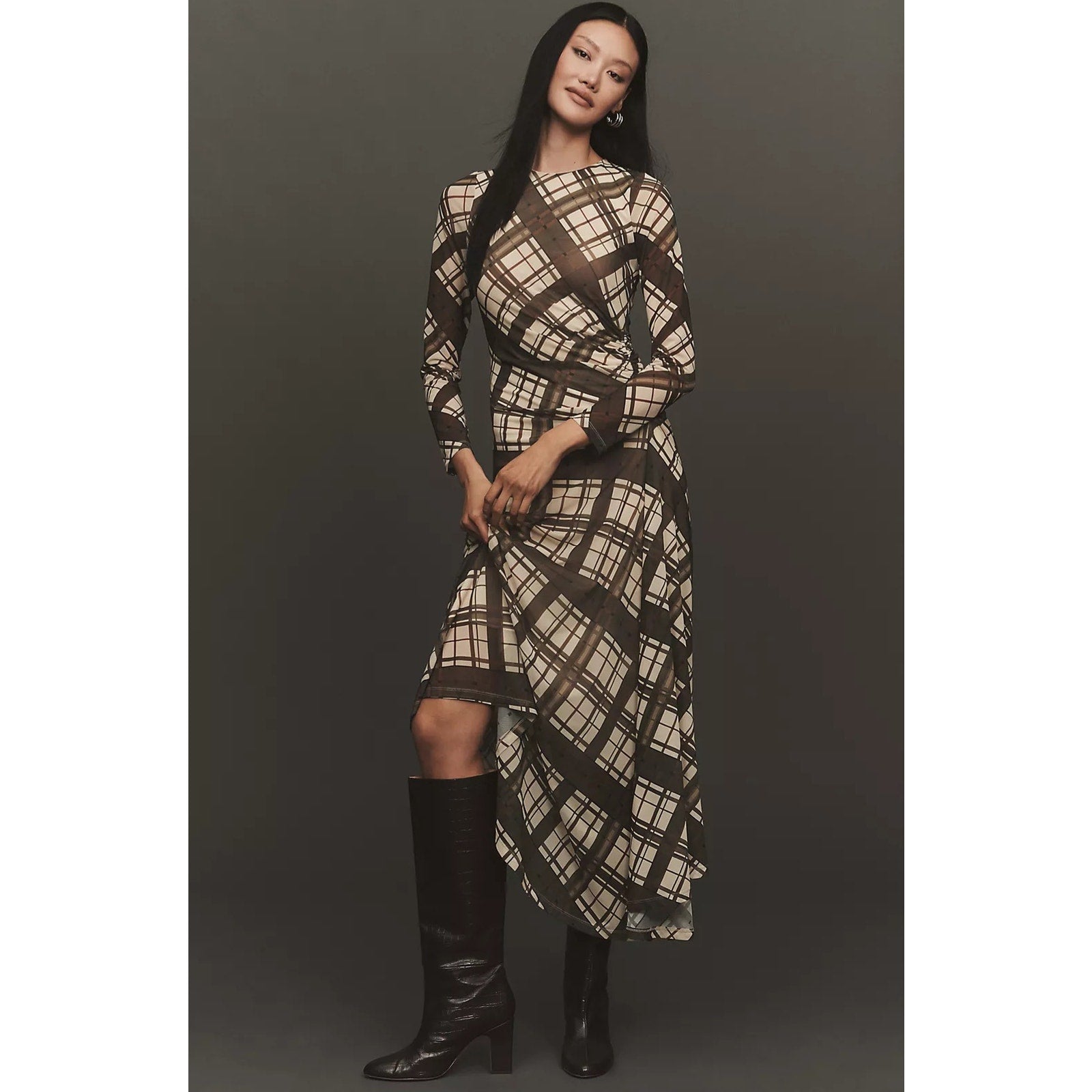 By Anthropologie Long-Sleeve Ruched Mesh Midi Dress X-LARGE Brown Anthropologie