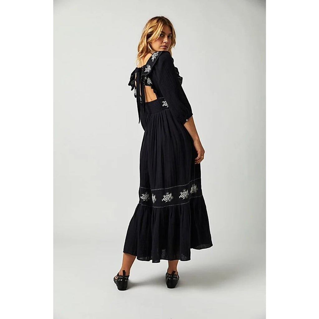 New Free People Lovers Lane Maxi Dress Ruffle Embroidery Floral Smocked Black XS