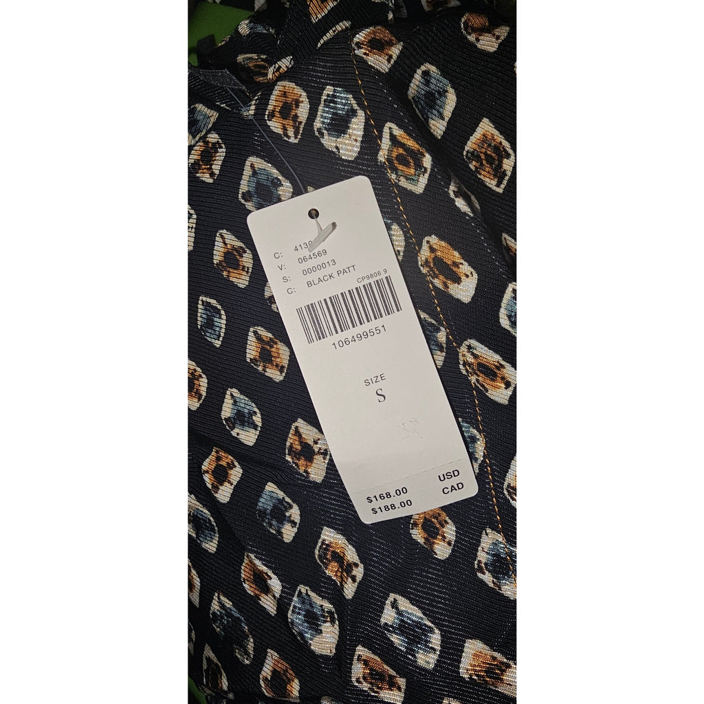 Black abstract geo shirtdress fabric with size S product label tag
