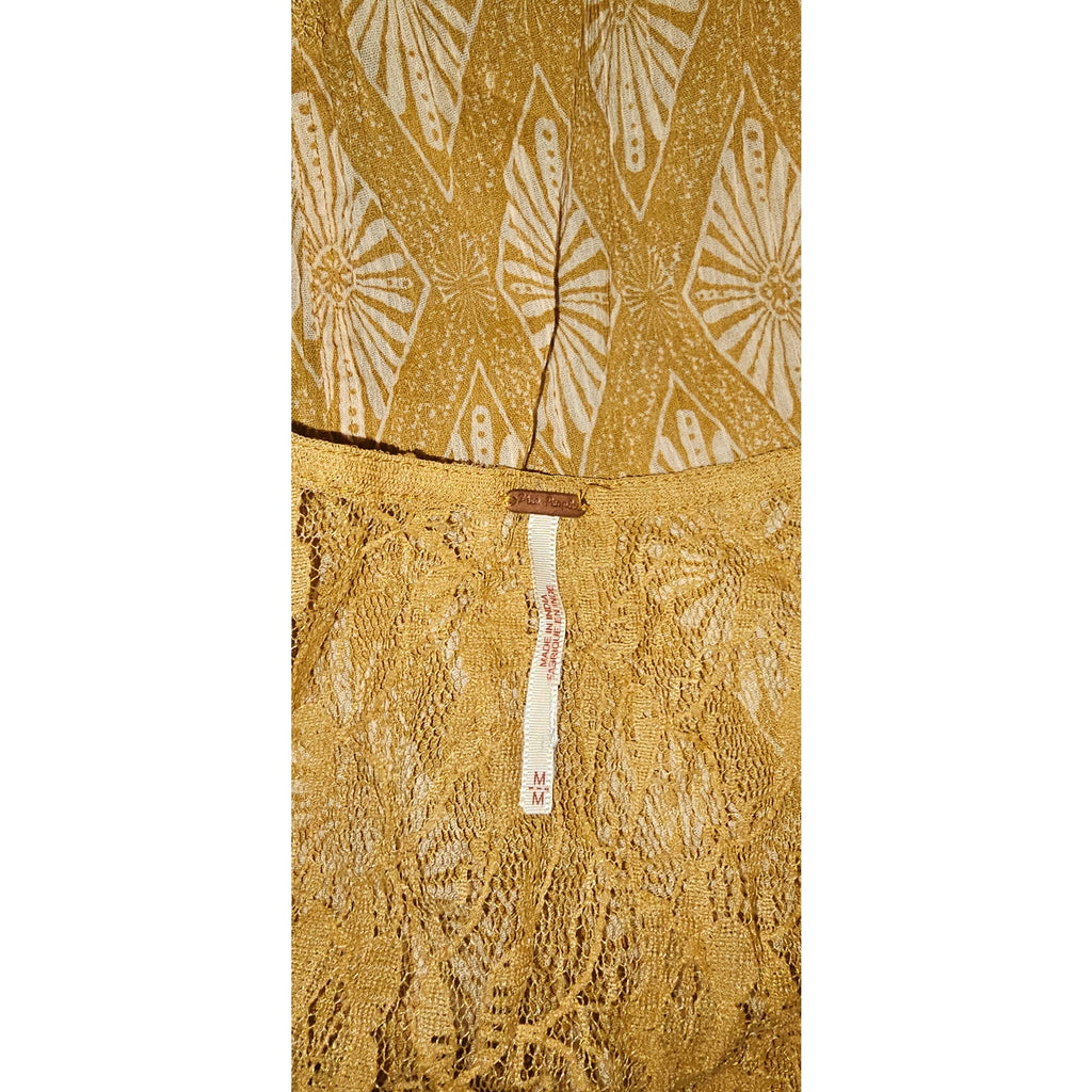 Free People Bell Trapeze Lace Cami MEDIUM Mustard Yellow Geo Bohemian Free People