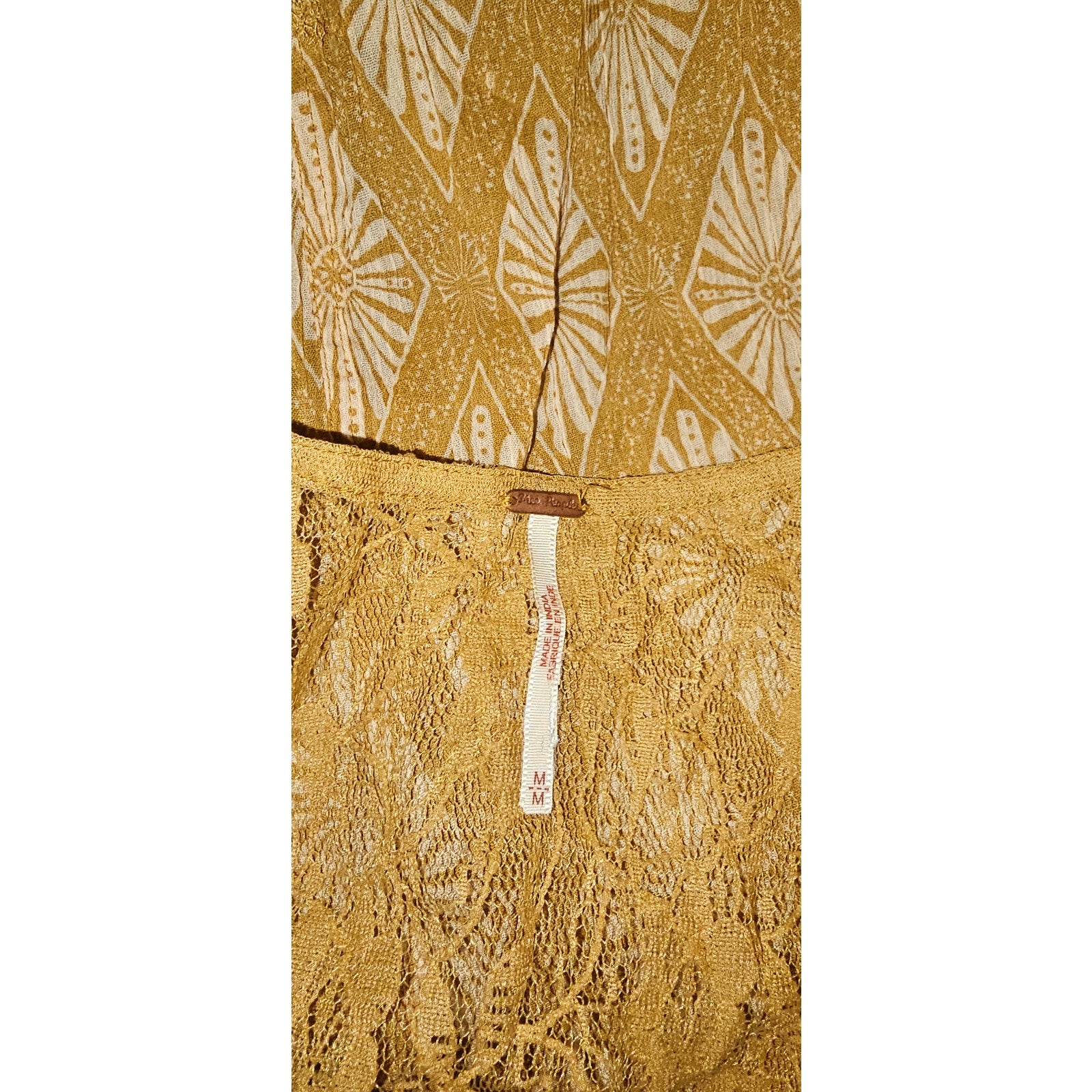 Free People Bell Trapeze Lace Cami MEDIUM Mustard Yellow Geo Bohemian Free People