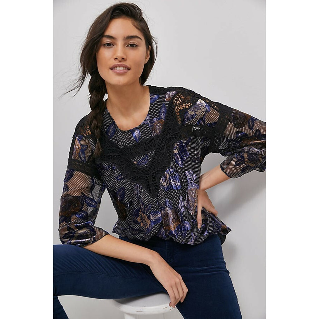 NEW Anthropologie $168 Daniel Rainn Zelda Burnout Velvet Floral Blouse Sz M