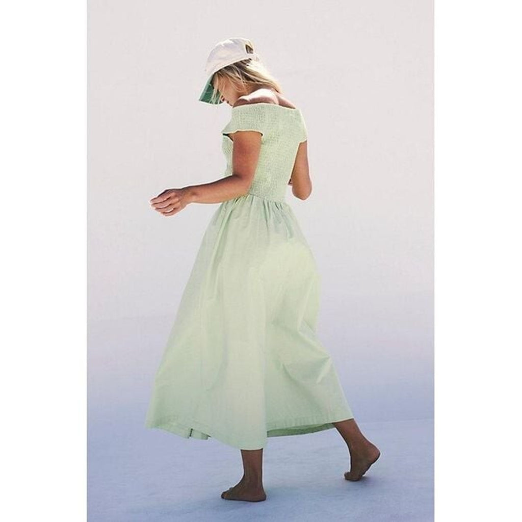 New Free People Ceci Smocked Midi Dress Free-est $98 XS Green POPLIN