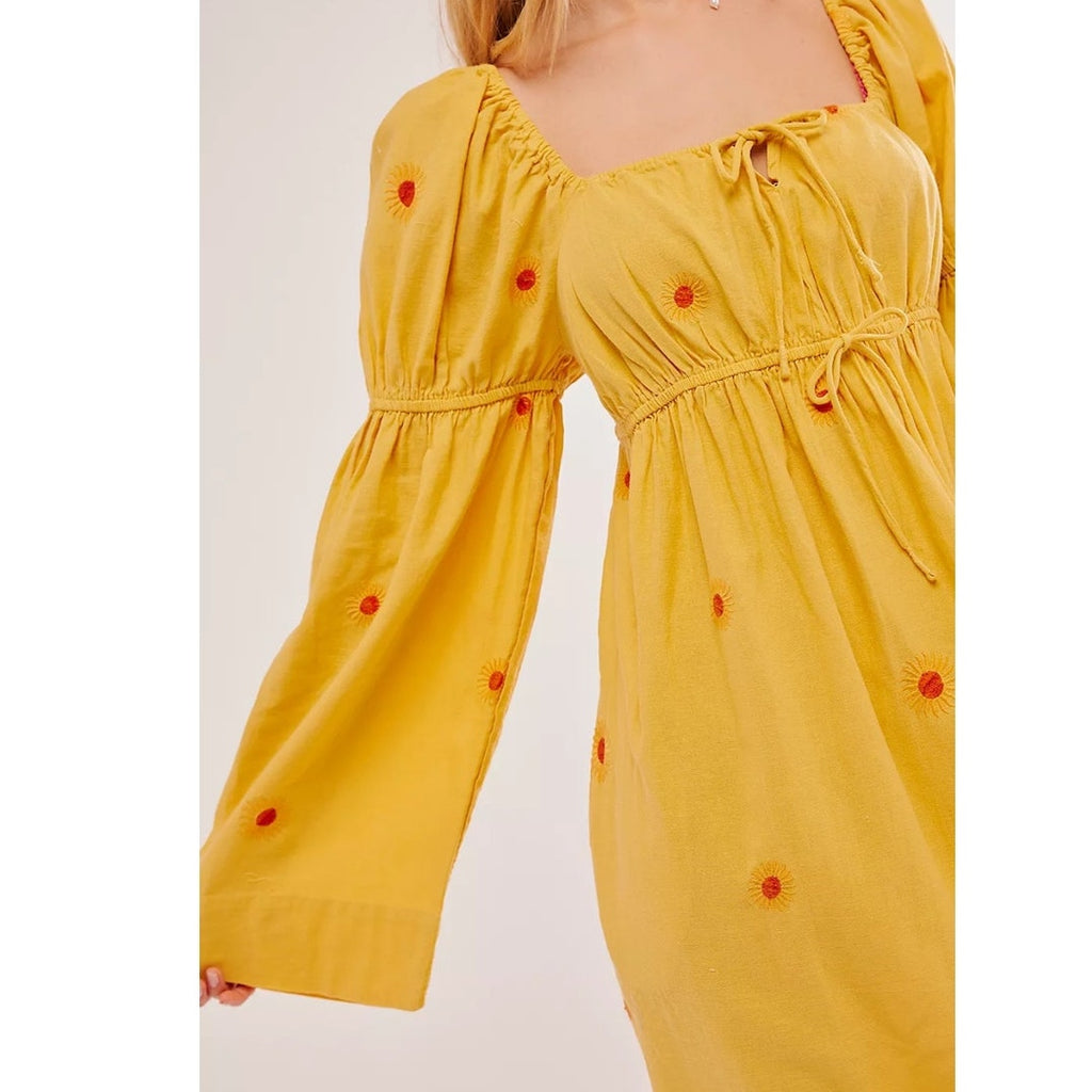 Free People Emory Embroidered Midi Dress $168 SMALL Yellow