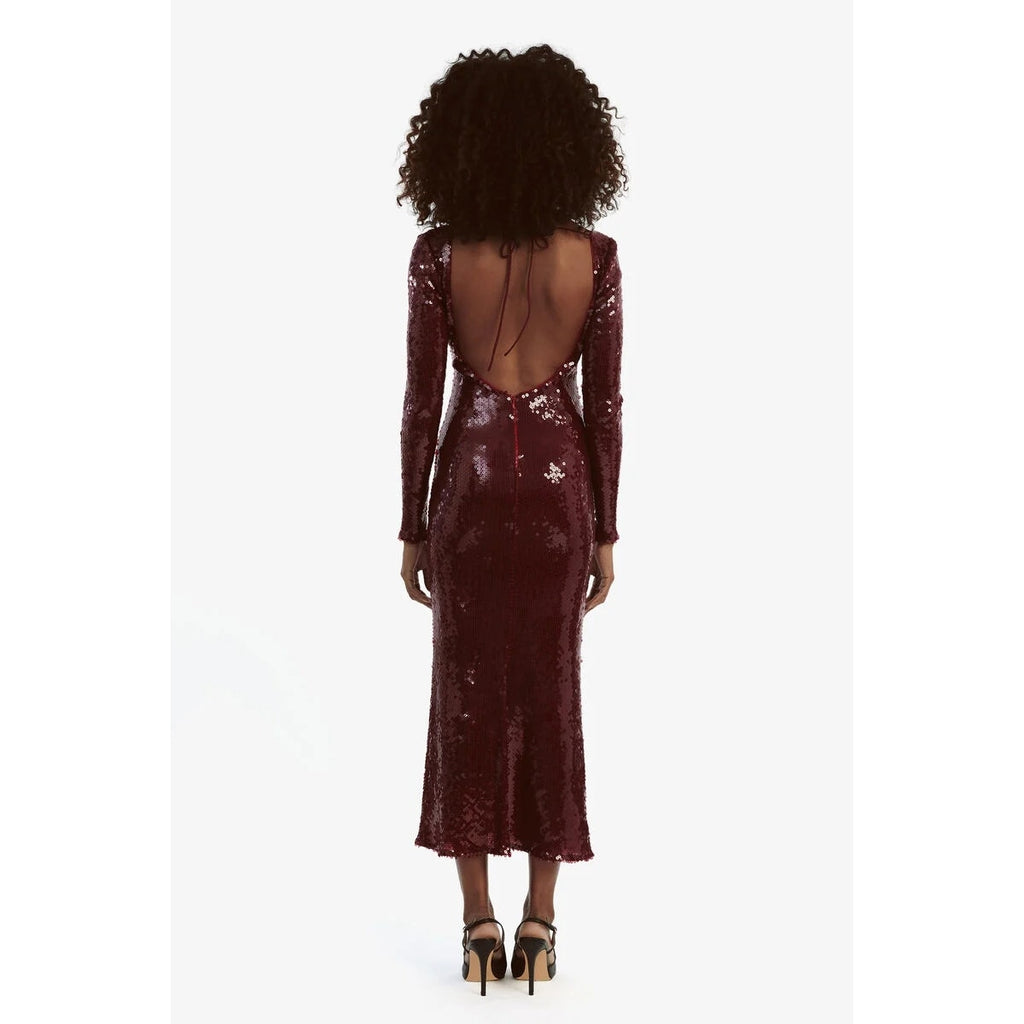 New ANTHROPOLOGIE Bardot Verona Long-Sleeve Sequin Slim Midi Dress SIZE 10 WINE