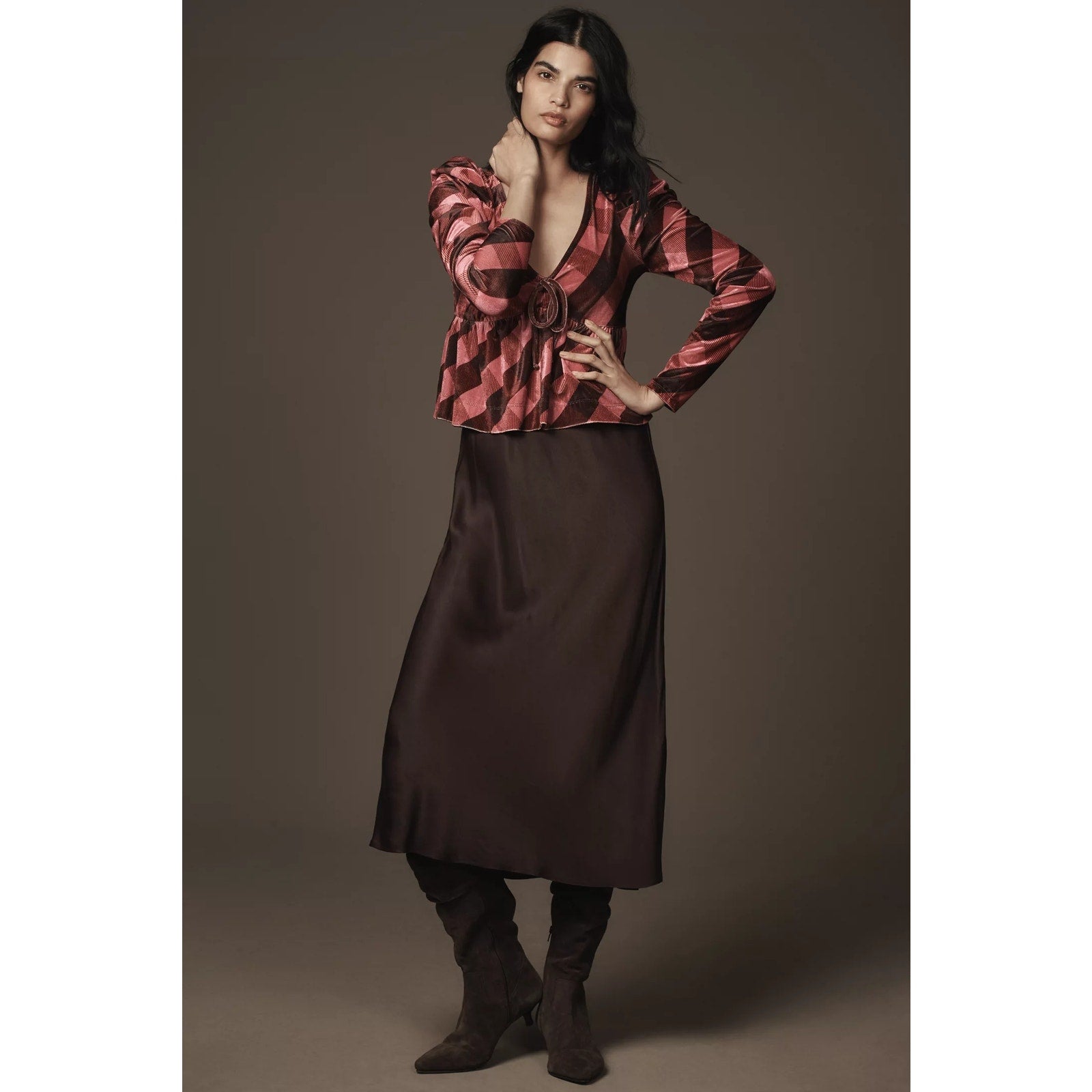 New Anthropologie Maeve Velvet Babydoll Long-Sleeve Top $88 Small Pink Plaid