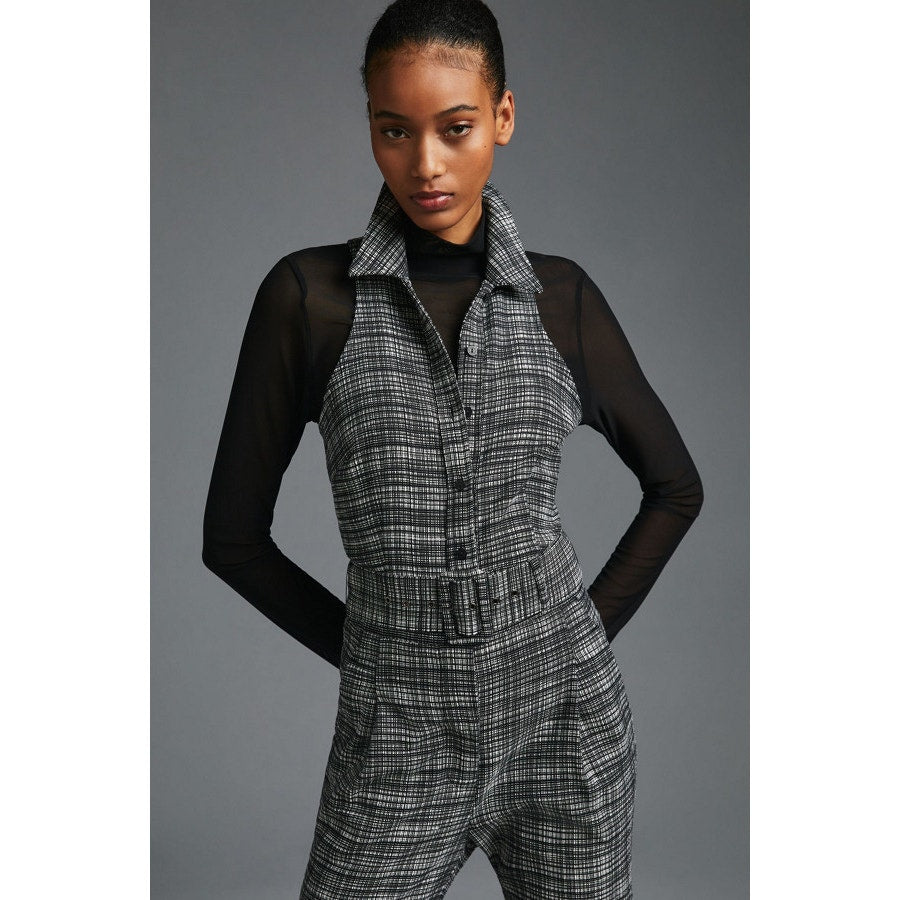 New ANTHROPOLOGIE Maeve Sleeveless Plaid Jumpsuit BELTED $188 SIZE 4 B & W