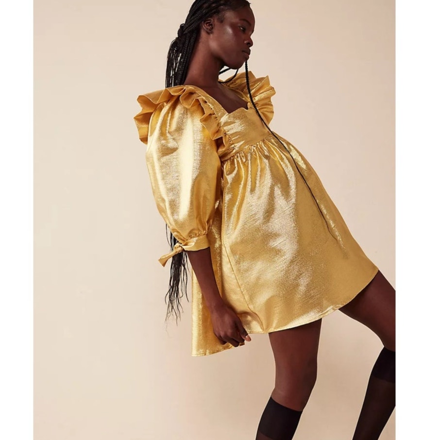 New FREE PEOPLE Selva Negra Atomo Babydoll Dress $400 X-SMALL Gold Metallic
