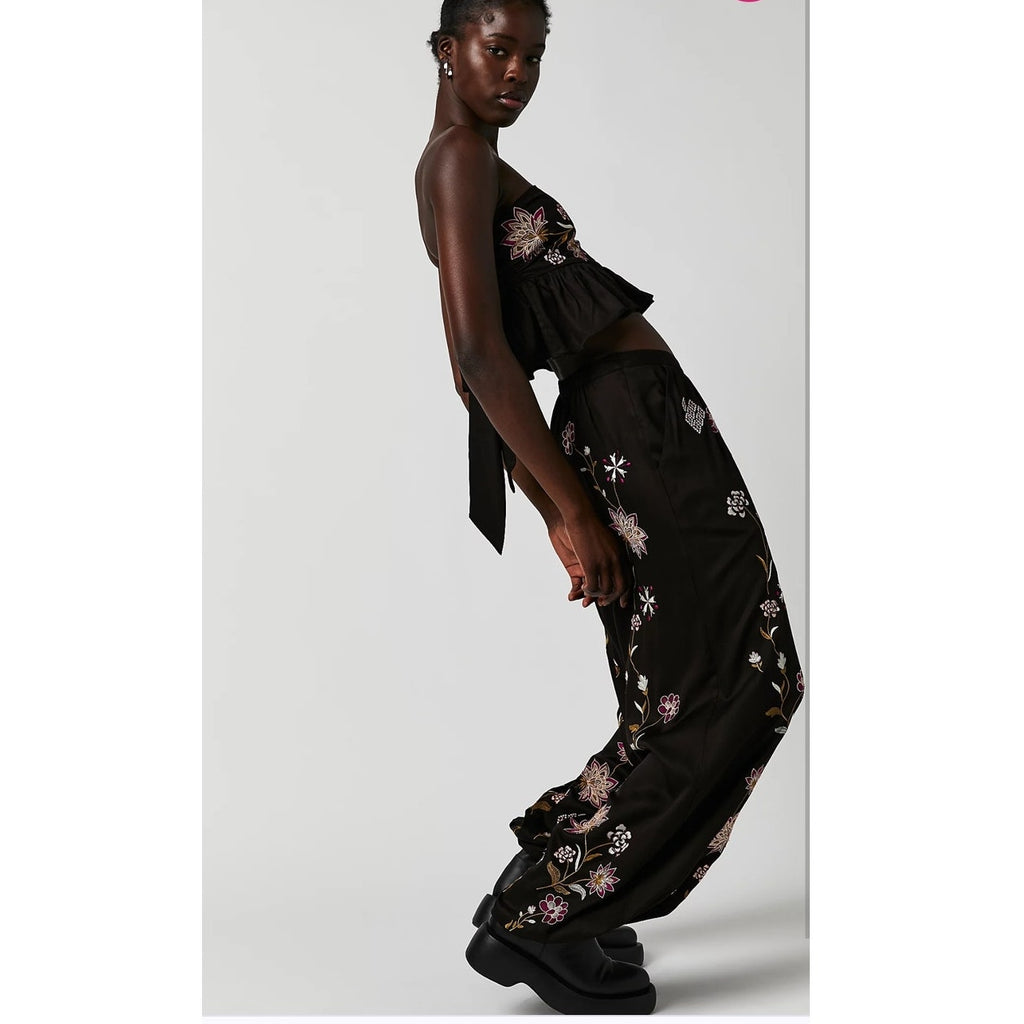 New Free People Harmoney Floral Embroidered Set $298 XS Black Crop Top & Pants