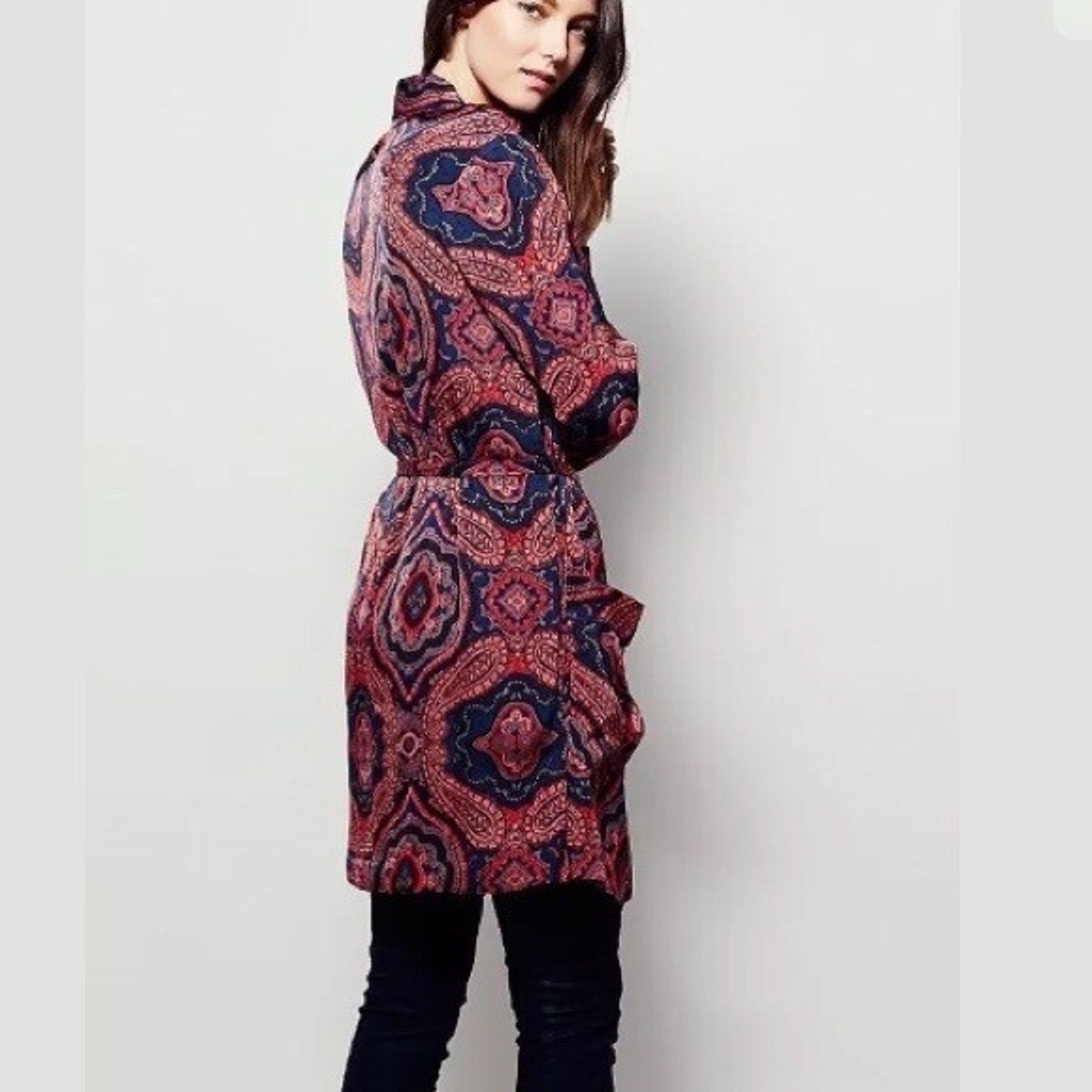 New Free People $168 Sensual Paisley Duster Jacket Robe Size Small Wine Bordo