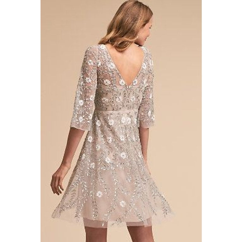 Anthropologie BHLDN Aidan Mattox Sun Valley Dress $420 SIZE 4 Silver Floral
