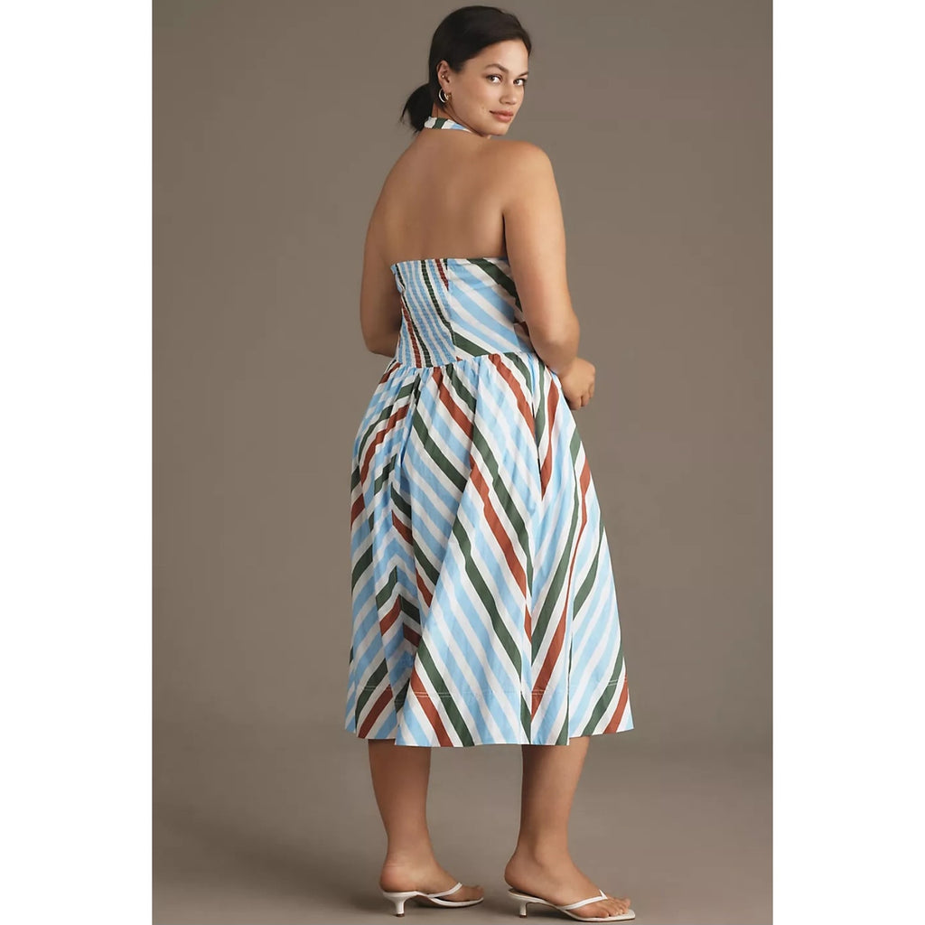 Anthropologie Maeve Halter Midi Sundress $168 XS Neutral Striped Motif