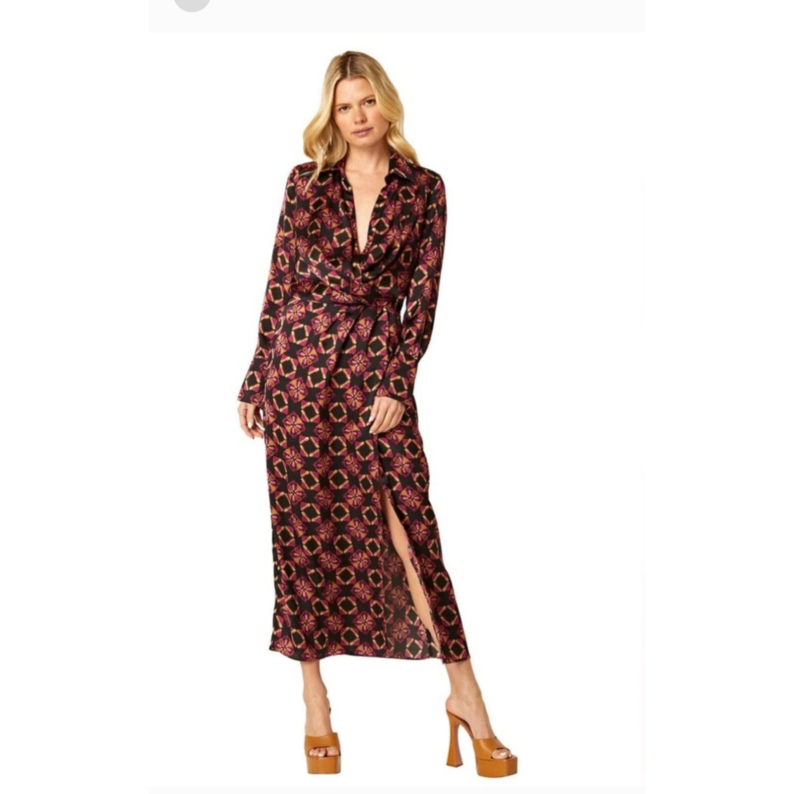 New Anthropologie x MISA Long-Sleeve Geo Wrap Dress $435 MEDIUM Midi Black