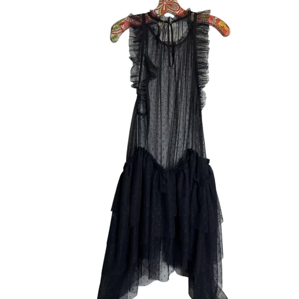 New Free people MIA Mesh Maxi Top $148 MEDIUM Black DROPPED WAIST Ruffled Tiered