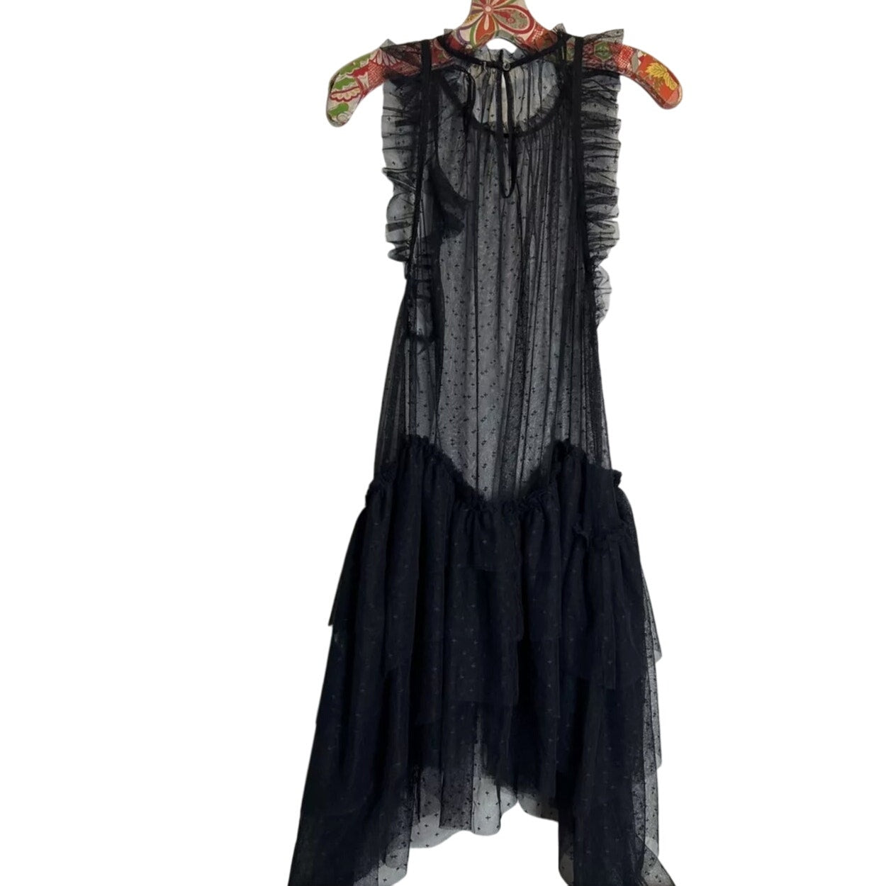 New Free people MIA Mesh Maxi Top $148 MEDIUM Black DROPPED WAIST Ruffled Tiered