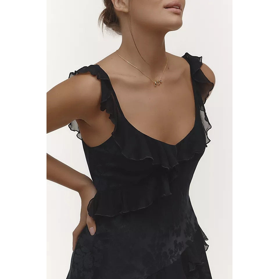 New By Anthropologie V-Neck Ruffle Asymmetric Midi Dress $168 X-SMALL Black