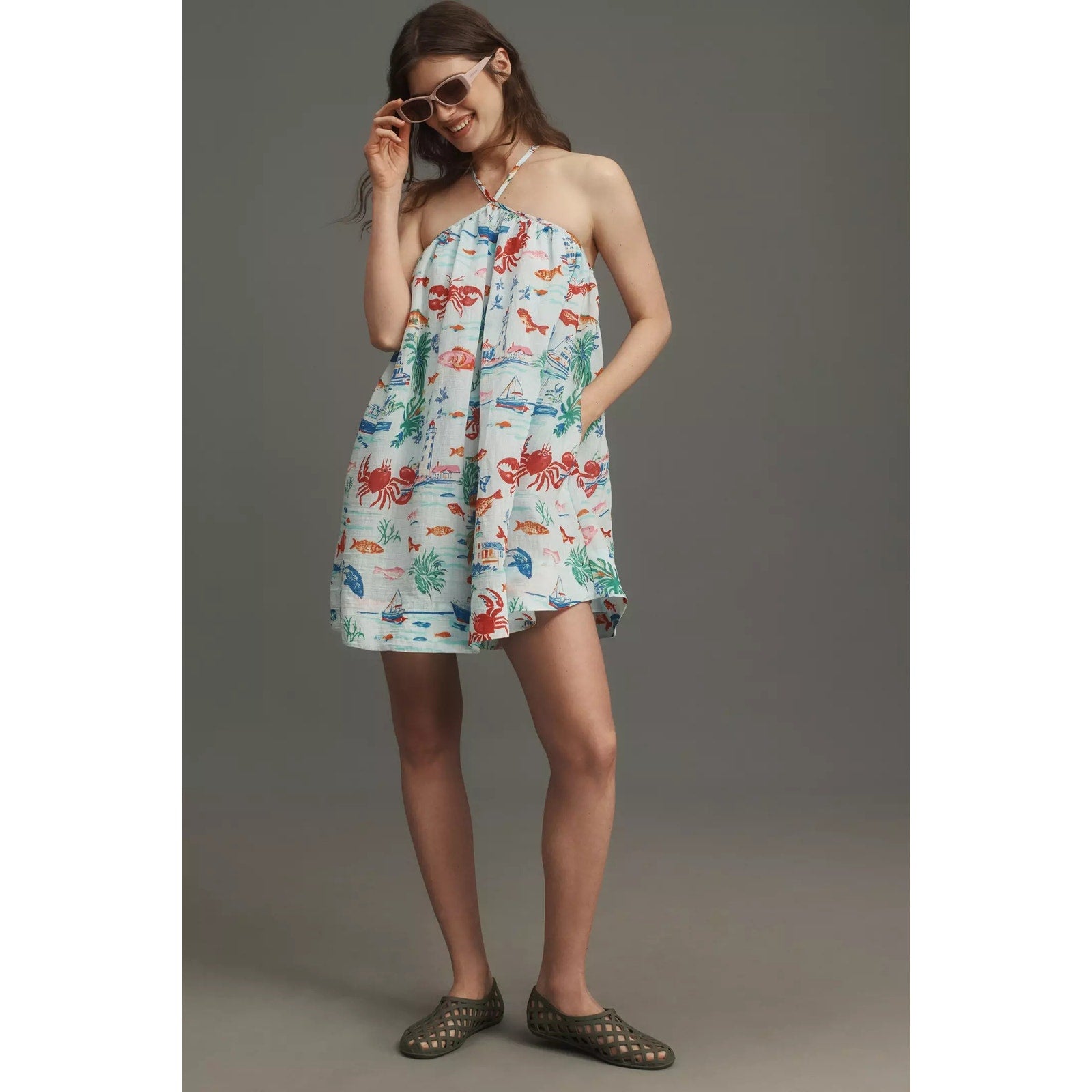 Anthropologie Maeve Printed Halter Swing Mini Dress Small Blue Ocean Anthropologie