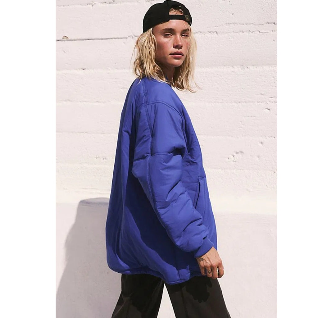 New Free People FP MOVEMENT Midnight Moon Solid Bomber Jacket $168 LARGE Colbalt