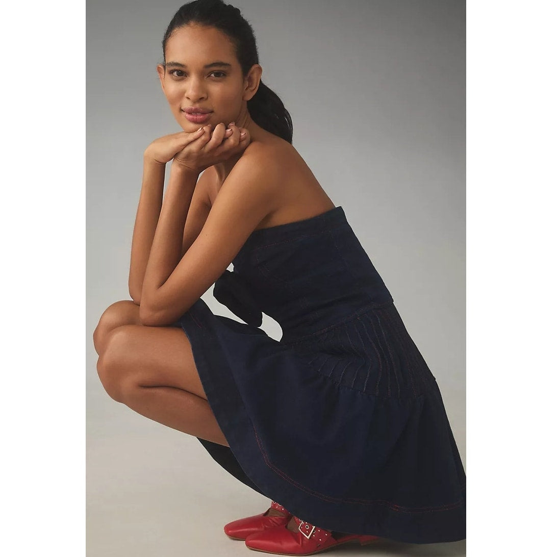Anthropologie Maeve Rosette Strapless Fit & Flare Denim Mini Dress $168 Sz 2