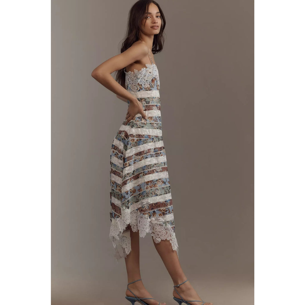 New Anthropologie Maeve Square-Neck Mixed Lace Midi Dress Size 14 $268 Floral