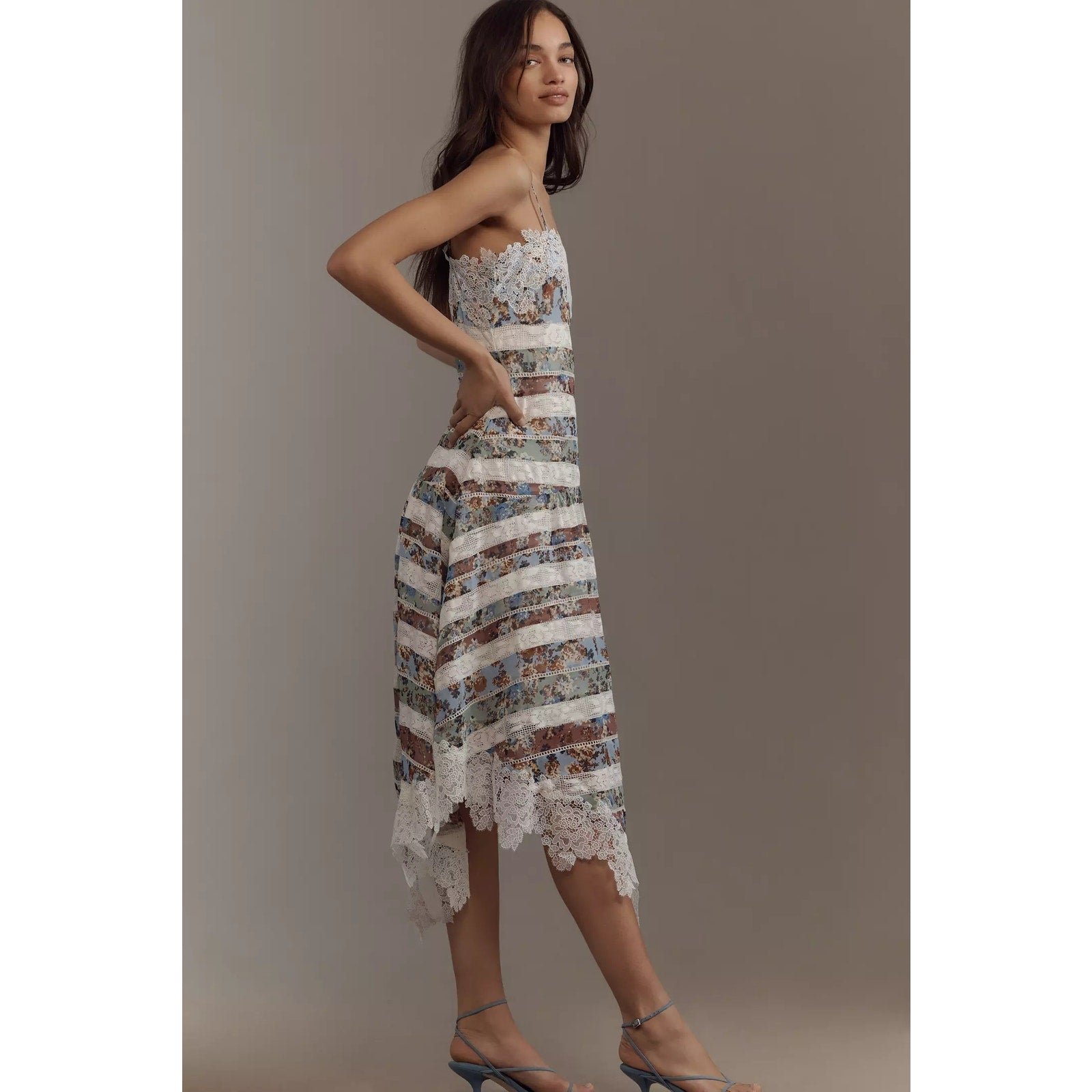 New Anthropologie Maeve Square-Neck Mixed Lace Midi Dress Size 14 $268 Floral