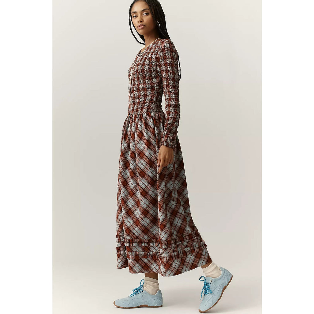 Anthropologie Damson Madder Posey Smocked LS Organic Cotton Midi Dress SZ 4 Anthropologie